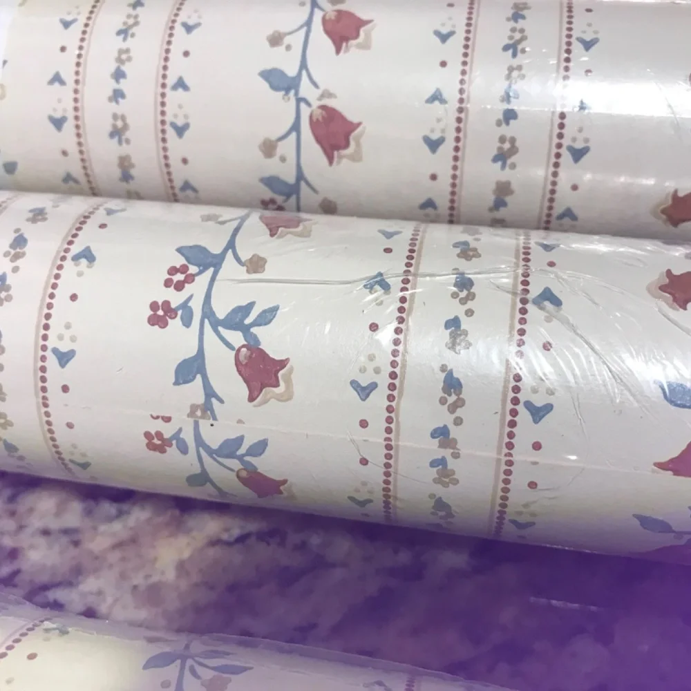 Vintage 4 rolls florals striped cottage vinyl wallpaper
